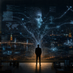 En person står foran en stor digital skærm, der viser et netværk med et menneskeansigt, et bybillede, satellitter og datavisualiseringer, hvilket symboliserer, hvordan kunstig intelligens er ved at ændre teknologiens integration for menneskeheden. - Kunstig intelligens AI