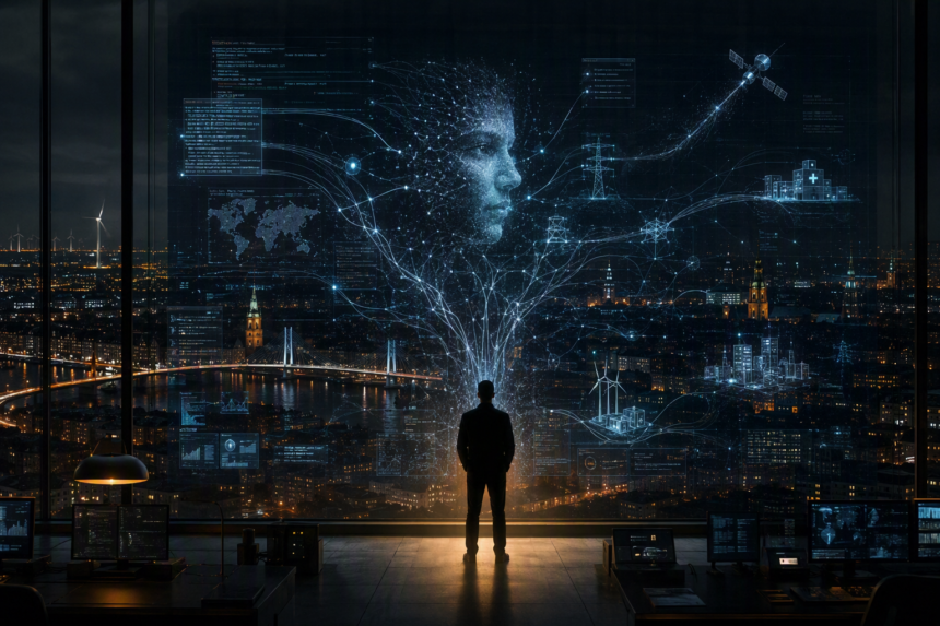 En person står foran en stor digital skærm, der viser et netværk med et menneskeansigt, et bybillede, satellitter og datavisualiseringer, hvilket symboliserer, hvordan kunstig intelligens er ved at ændre teknologiens integration for menneskeheden. - Kunstig intelligens AI