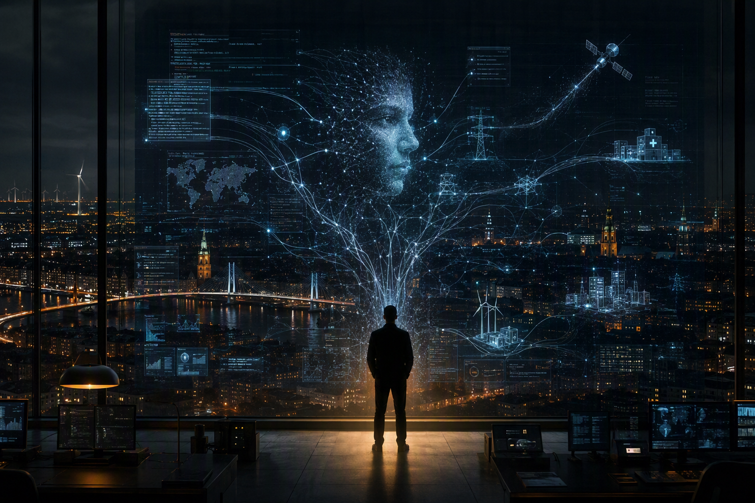 En person står foran en stor digital skærm, der viser et netværk med et menneskeansigt, et bybillede, satellitter og datavisualiseringer, hvilket symboliserer, hvordan kunstig intelligens er ved at ændre teknologiens integration for menneskeheden. - Kunstig intelligens AI