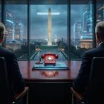 To mænd i jakkesæt sidder ved et konferencebord med en rød drejetelefon og har udsigt til det oplyste Washington Monument gennem store vinduer om natten, hvor byens lys og futuristiske bygninger kan ses. - Kunstig intelligens AI