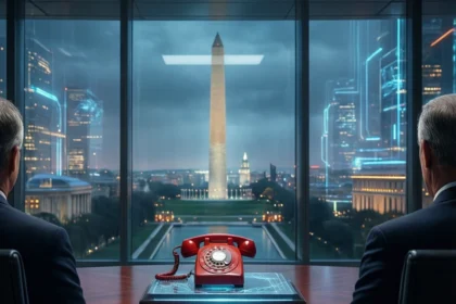 To mænd i jakkesæt sidder ved et konferencebord med en rød drejetelefon og har udsigt til det oplyste Washington Monument gennem store vinduer om natten, hvor byens lys og futuristiske bygninger kan ses. - Kunstig intelligens AI