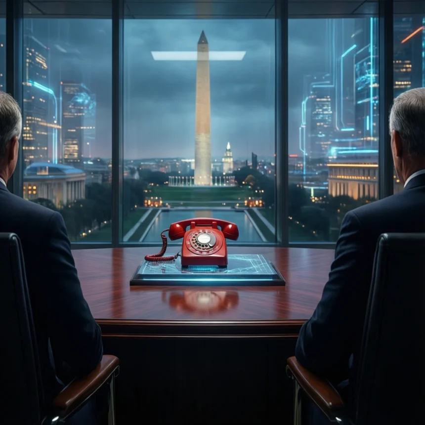 To mænd i jakkesæt sidder ved et konferencebord med en rød drejetelefon og har udsigt til det oplyste Washington Monument gennem store vinduer om natten, hvor byens lys og futuristiske bygninger kan ses. - Kunstig intelligens AI
