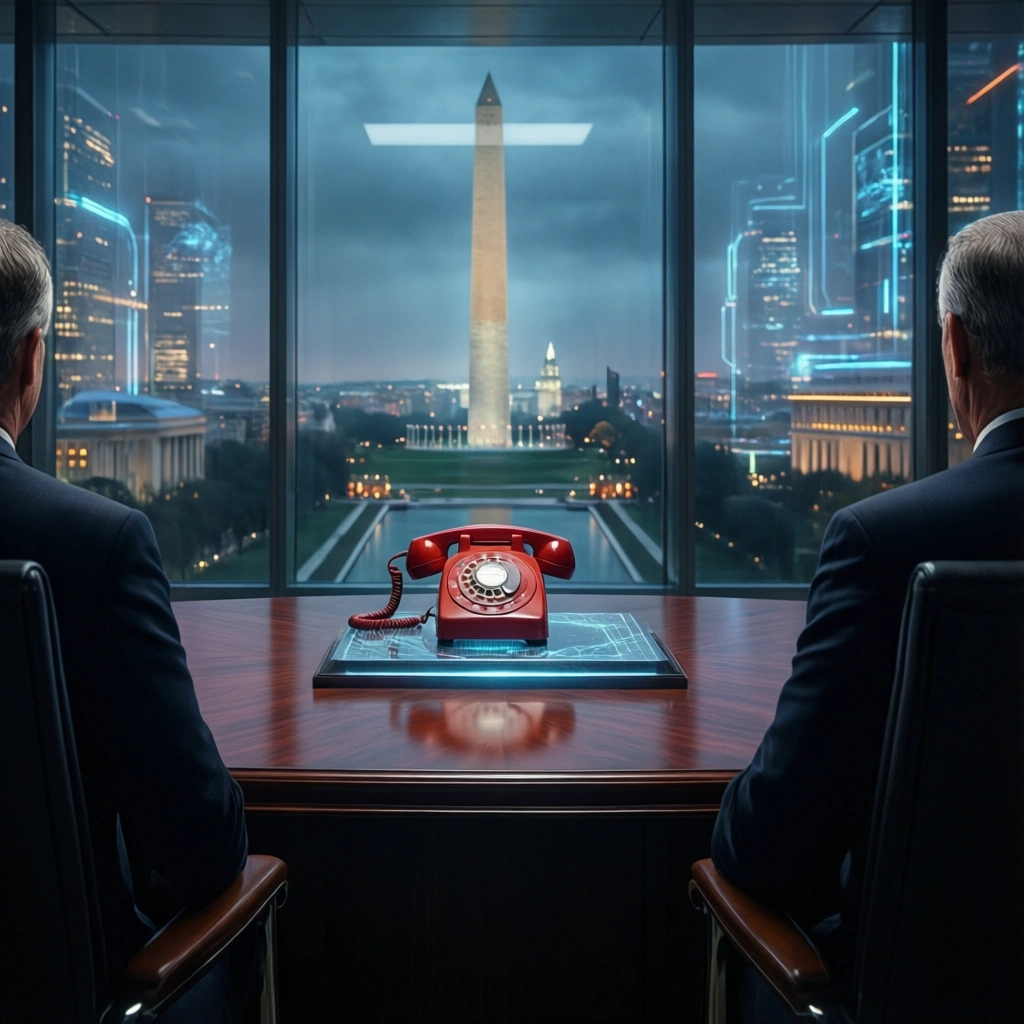 To mænd i jakkesæt sidder ved et konferencebord med en rød drejetelefon og har udsigt til det oplyste Washington Monument gennem store vinduer om natten, hvor byens lys og futuristiske bygninger kan ses. - Kunstig intelligens AI