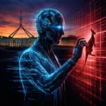 En futuristisk robot rører ved en digital kænguru på et rødt gitter, mens Australiens parlamentsbygning tegner sig mod en strålende solnedgang i baggrunden. - Kunstig intelligens AI
