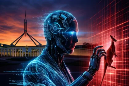 En futuristisk robot rører ved en digital kænguru på et rødt gitter, mens Australiens parlamentsbygning tegner sig mod en strålende solnedgang i baggrunden. - Kunstig intelligens AI