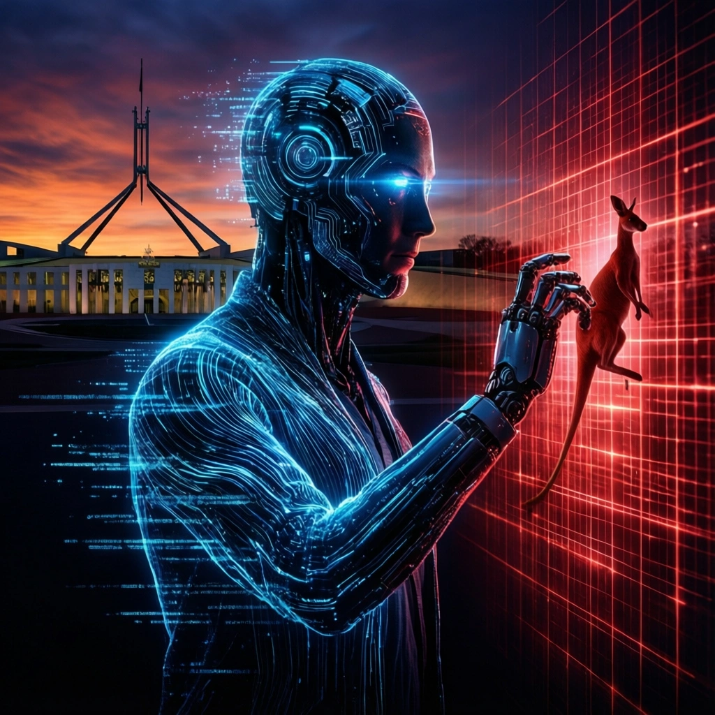 En futuristisk robot rører ved en digital kænguru på et rødt gitter, mens Australiens parlamentsbygning tegner sig mod en strålende solnedgang i baggrunden. - Kunstig intelligens AI