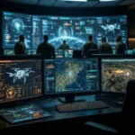 I et højteknologisk militært kommandocenter ses officerer, der analyserer data på flere skærme, herunder kort, drone-skemaer og overvågningsbilleder, mens der foran dem projiceres et stort digitalt kort. - Kunstig intelligens AI