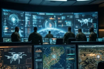 I et højteknologisk militært kommandocenter ses officerer, der analyserer data på flere skærme, herunder kort, drone-skemaer og overvågningsbilleder, mens der foran dem projiceres et stort digitalt kort. - Kunstig intelligens AI