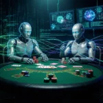 To humanoide robotter spiller poker ved et kasinobord, omgivet af pokerchips og kort, mens digitale data og holografiske skærme i baggrunden viser neurale netværk og kode. - Kunstig intelligens AI