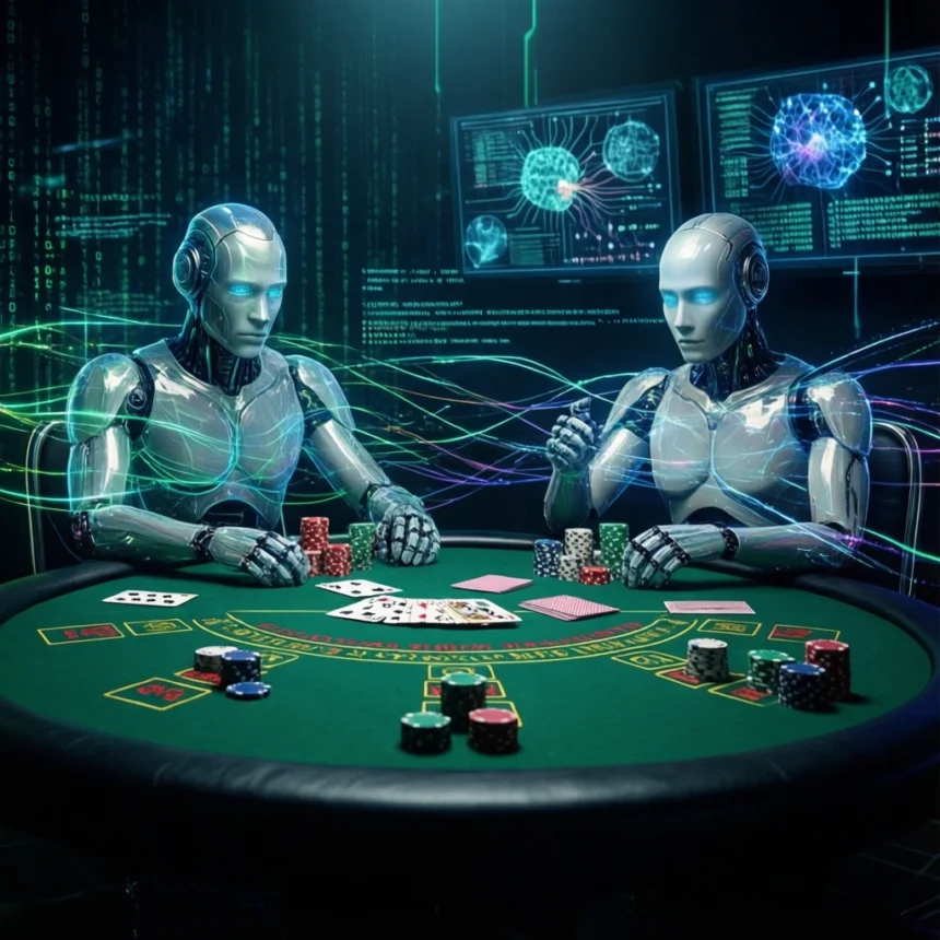 To humanoide robotter spiller poker ved et kasinobord, omgivet af pokerchips og kort, mens digitale data og holografiske skærme i baggrunden viser neurale netværk og kode. - Kunstig intelligens AI