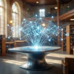 Et futuristisk digitalt displaybord i et bibliotek projicerer et lysende 3D-netværk af sammenkoblede punkter og linjer, der symboliserer avanceret teknologi og dataforbindelser, med bogreoler og store vinduer i baggrunden. - Kunstig intelligens AI