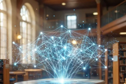 Et futuristisk digitalt displaybord i et bibliotek projicerer et lysende 3D-netværk af sammenkoblede punkter og linjer, der symboliserer avanceret teknologi og dataforbindelser, med bogreoler og store vinduer i baggrunden. - Kunstig intelligens AI