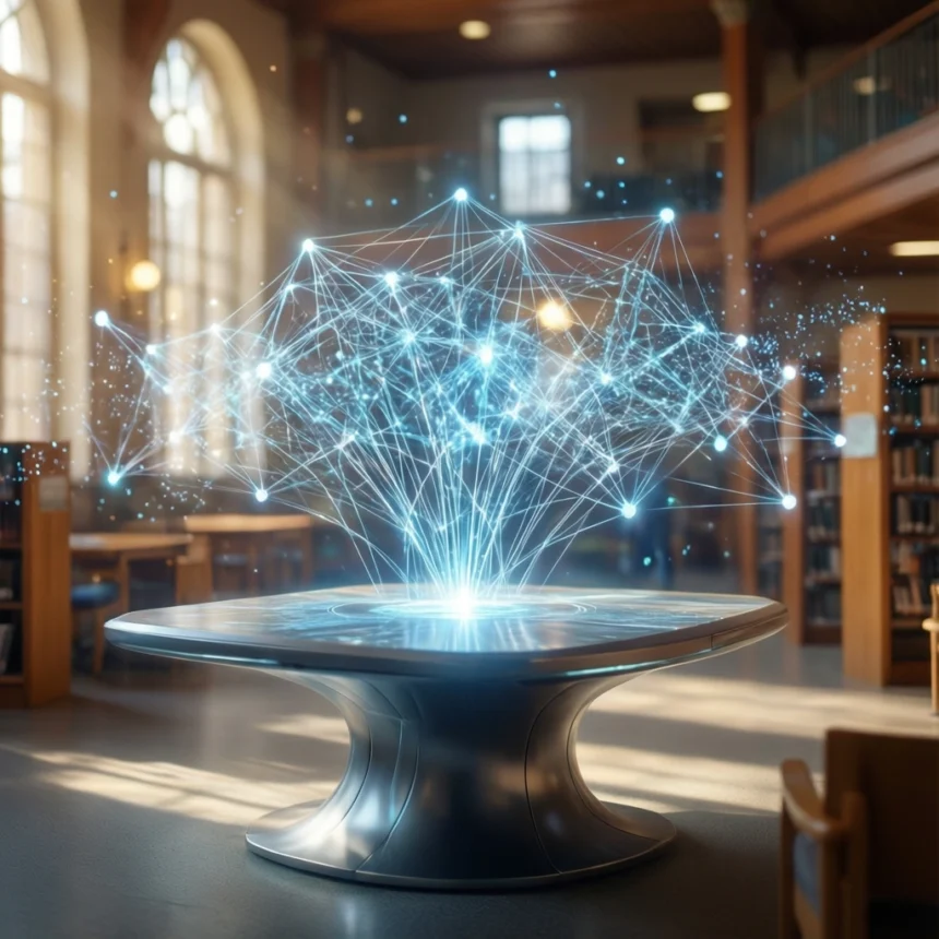 Et futuristisk digitalt displaybord i et bibliotek projicerer et lysende 3D-netværk af sammenkoblede punkter og linjer, der symboliserer avanceret teknologi og dataforbindelser, med bogreoler og store vinduer i baggrunden. - Kunstig intelligens AI