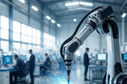 En robotarm svejser metaldele i en moderne fabrik, hvor der springer klare gnister. I baggrunden sidder folk ved computere, hvilket understreger det avancerede, automatiserede produktionsmiljø. - Kunstig intelligens AI