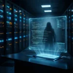 En lysende holografisk skærm med kode svæver over et skrivebord i et serverrum, hvor der står servere langs væggene, og en skyggeagtig skikkelse står i baggrunden. - Kunstig intelligens AI