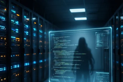 En lysende holografisk skærm med kode svæver over et skrivebord i et serverrum, hvor der står servere langs væggene, og en skyggeagtig skikkelse står i baggrunden. - Kunstig intelligens AI