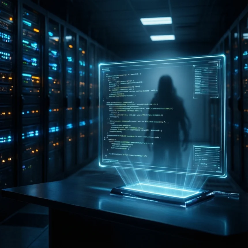 En lysende holografisk skærm med kode svæver over et skrivebord i et serverrum, hvor der står servere langs væggene, og en skyggeagtig skikkelse står i baggrunden. - Kunstig intelligens AI