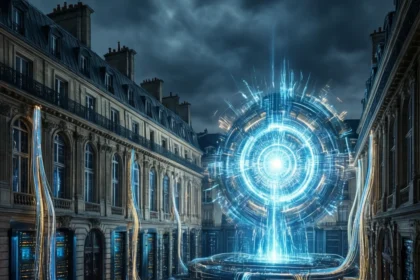En lysende, futuristisk energiportal udsender blåt lys mellem to klassiske bygninger, mens lysstråler forbinder nærliggende servere under en dramatisk, overskyet himmel. - Kunstig intelligens AI