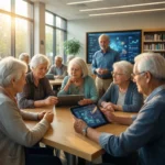En gruppe ældre sidder rundt om et bord og bruger tablets, mens en mand står i nærheden. I baggrunden ses en stor skærm med datavisualiseringer. Sollyset strømmer ind gennem store vinduer og skaber et lyst, moderne klasselokale. - Kunstig intelligens AI