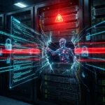 En digital figur bryder igennem en glasvæg i et serverrum, omgivet af kode, advarselssymboler og hængelåse, hvilket symboliserer et cyberangreb eller et datalæk. - Kunstig intelligens AI