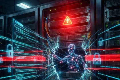 En digital figur bryder igennem en glasvæg i et serverrum, omgivet af kode, advarselssymboler og hængelåse, hvilket symboliserer et cyberangreb eller et datalæk. - Kunstig intelligens AI