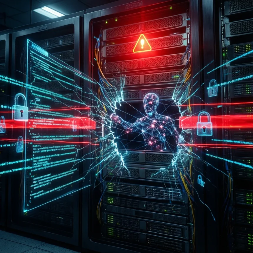 En digital figur bryder igennem en glasvæg i et serverrum, omgivet af kode, advarselssymboler og hængelåse, hvilket symboliserer et cyberangreb eller et datalæk. - Kunstig intelligens AI