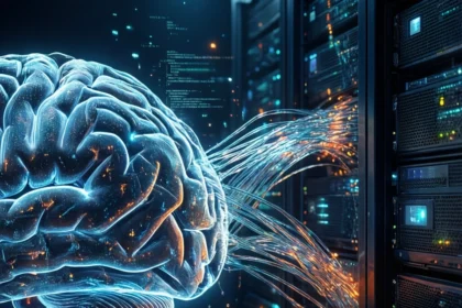 En lysende digital hjerne er forbundet med computerservere via lysende datastrømme, hvilket symboliserer kunstig intelligens eller hjerne-computer-grænsefladeteknologi i et futuristisk miljø. - Kunstig intelligens AI
