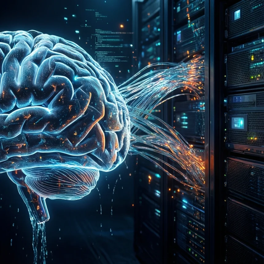 En lysende digital hjerne er forbundet med computerservere via lysende datastrømme, hvilket symboliserer kunstig intelligens eller hjerne-computer-grænsefladeteknologi i et futuristisk miljø. - Kunstig intelligens AI