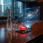 Et konferencebord med en champagneflaske, to glas og en rød, lysende knap, der viser økonomiske diagrammer for 2027, i et moderne kontor med udsigt over byen. - Kunstig intelligens AI
