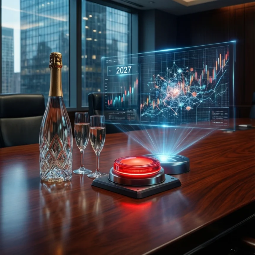 Et konferencebord med en champagneflaske, to glas og en rød, lysende knap, der viser økonomiske diagrammer for 2027, i et moderne kontor med udsigt over byen. - Kunstig intelligens AI