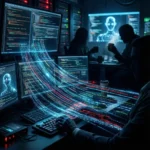 En person analyserer kode på flere skærme i et mørkt serverrum, hvor der vises digitale datastrømme og AI-grafik. I baggrunden sidder to personer ved et bord, hvor de diskuterer og holder kopper i hånden. - Kunstig intelligens AI
