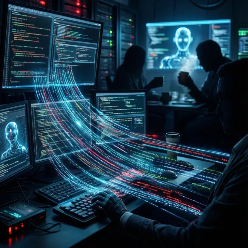 En person analyserer kode på flere skærme i et mørkt serverrum, hvor der vises digitale datastrømme og AI-grafik. I baggrunden sidder to personer ved et bord, hvor de diskuterer og holder kopper i hånden. - Kunstig intelligens AI