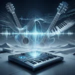 En futuristisk synthesizer projicerer holografiske guitarer, et keyboard og lydbølger i et digitalt, iskoldt landskab, hvor musik og teknologi smelter sammen. - Kunstig intelligens AI