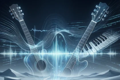 En futuristisk synthesizer projicerer holografiske guitarer, et keyboard og lydbølger i et digitalt, iskoldt landskab, hvor musik og teknologi smelter sammen. - Kunstig intelligens AI