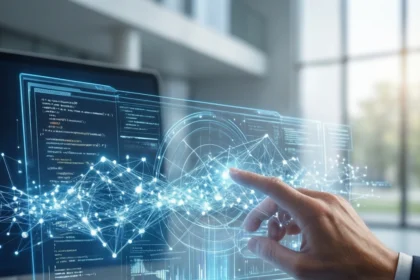 En person interagerer med futuristiske holografiske data og grafer på en gennemsigtig skærm, omgivet af kode og digitale interface-elementer, i et moderne kontormiljø. - Kunstig intelligens AI