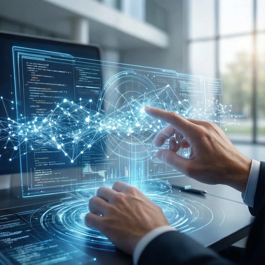 En person interagerer med futuristiske holografiske data og grafer på en gennemsigtig skærm, omgivet af kode og digitale interface-elementer, i et moderne kontormiljø. - Kunstig intelligens AI