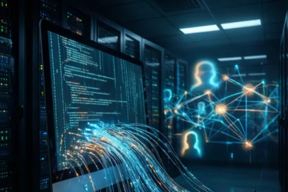 En computer i et serverrum viser kode, mens lysende blå og orange datastrømme strømmer ud fra skærmen og symboliserer dataoverførsel, netværksforbindelser og digital kommunikation. - Kunstig intelligens AI