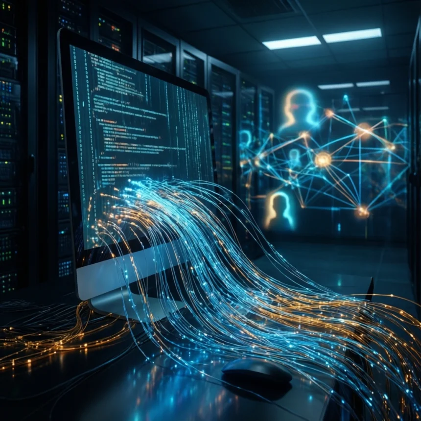 En computer i et serverrum viser kode, mens lysende blå og orange datastrømme strømmer ud fra skærmen og symboliserer dataoverførsel, netværksforbindelser og digital kommunikation. - Kunstig intelligens AI