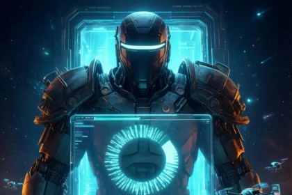 En futuristisk, pansret robot står foran en holografisk skærm, der viser et lysende emblem, omgivet af adskillige små robothunde i et højteknologisk sci-fi-miljø. - Kunstig intelligens AI