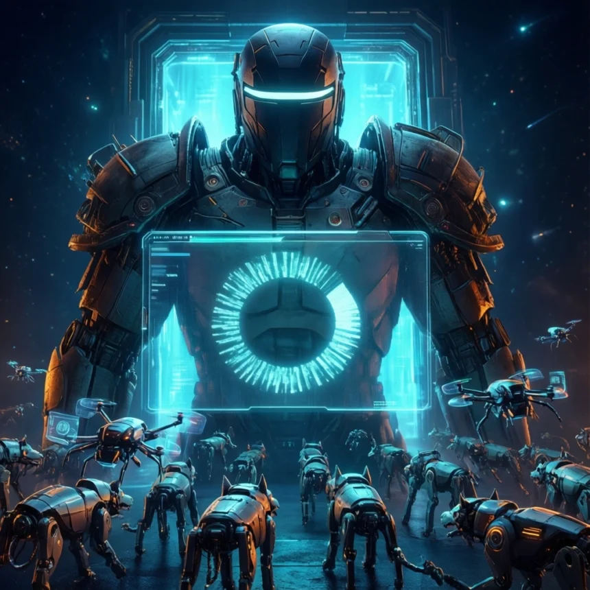En futuristisk, pansret robot står foran en holografisk skærm, der viser et lysende emblem, omgivet af adskillige små robothunde i et højteknologisk sci-fi-miljø. - Kunstig intelligens AI