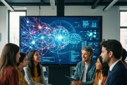 En gruppe mennesker sidder i en cirkel, smiler og snakker, mens der bag dem på en stor skærm vises farverige diagrammer over neurale netværk og data, hvilket tyder på en diskussion om kunstig intelligens eller teknologi. - Kunstig intelligens AI