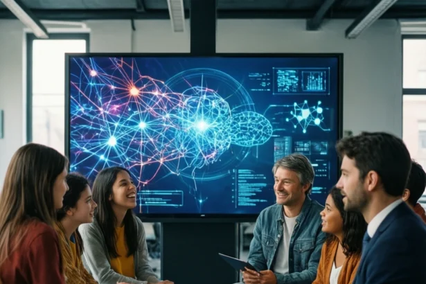 En gruppe mennesker sidder i en cirkel, smiler og snakker, mens der bag dem på en stor skærm vises farverige diagrammer over neurale netværk og data, hvilket tyder på en diskussion om kunstig intelligens eller teknologi. - Kunstig intelligens AI