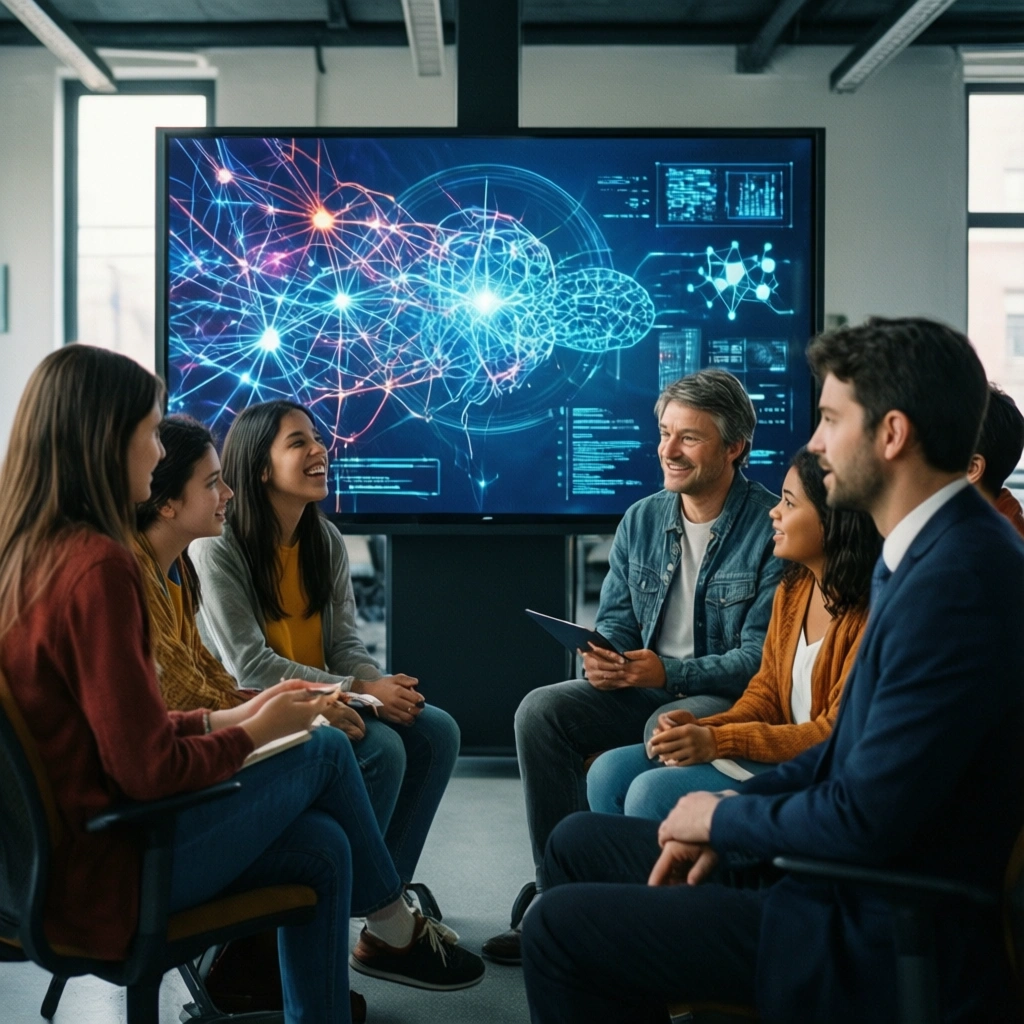 En gruppe mennesker sidder i en cirkel, smiler og snakker, mens der bag dem på en stor skærm vises farverige diagrammer over neurale netværk og data, hvilket tyder på en diskussion om kunstig intelligens eller teknologi. - Kunstig intelligens AI