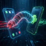 En digital orm forbinder to smartphones, hvoraf den ene har en generisk brugergrænseflade, og den anden viser Android-logoet – hvilket symboliserer et cyberangreb eller malware, der overføres mellem enhederne i et futuristisk miljø. - Kunstig intelligens AI