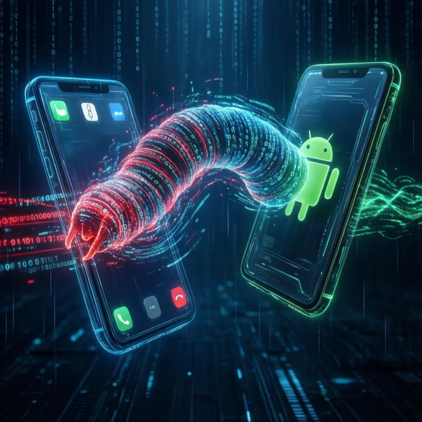 En digital orm forbinder to smartphones, hvoraf den ene har en generisk brugergrænseflade, og den anden viser Android-logoet – hvilket symboliserer et cyberangreb eller malware, der overføres mellem enhederne i et futuristisk miljø. - Kunstig intelligens AI