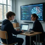 En elev og en lærer sidder ved et skrivebord med en bærbar computer og nogle bøger. Bag dem vises der på en skærm en kodetekst og et diagram over en digital hjerne, hvilket tyder på en diskussion om datalogi eller kunstig intelligens. - Kunstig intelligens AI