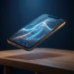 En smartphone svæver over en træoverflade og viser et lysende, futuristisk digitalt bølgemønster på skærmen på en mørkeblå baggrund. - Kunstig intelligens AI