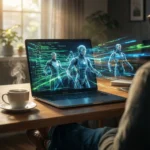 En person sidder ved et skrivebord med en bærbar computer, hvor der vises digitale robotter og grønne datastrømme. På skrivebordet står der en kaffekop, en notesbog og en pen, og sollys stråler ind gennem et vindue i baggrunden. - Kunstig intelligens AI
