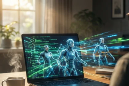 En person sidder ved et skrivebord med en bærbar computer, hvor der vises digitale robotter og grønne datastrømme. På skrivebordet står der en kaffekop, en notesbog og en pen, og sollys stråler ind gennem et vindue i baggrunden. - Kunstig intelligens AI