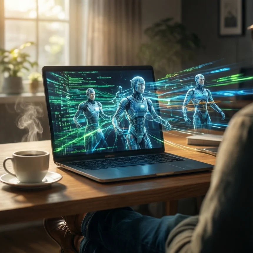 En person sidder ved et skrivebord med en bærbar computer, hvor der vises digitale robotter og grønne datastrømme. På skrivebordet står der en kaffekop, en notesbog og en pen, og sollys stråler ind gennem et vindue i baggrunden. - Kunstig intelligens AI